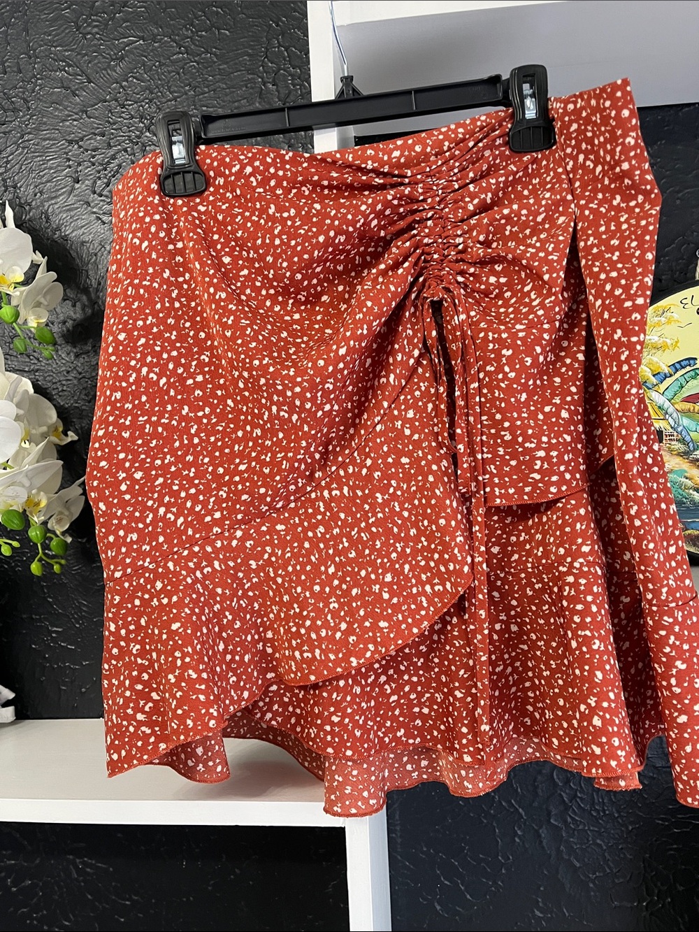 Layered Rust Floral Asymmetrical Ruffle Drawstring Skirt